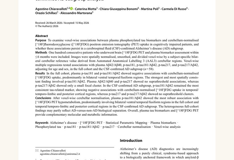 Anteprima articolo su biomarcatori plasmatici tau e FDG PET nell'Alzheimer